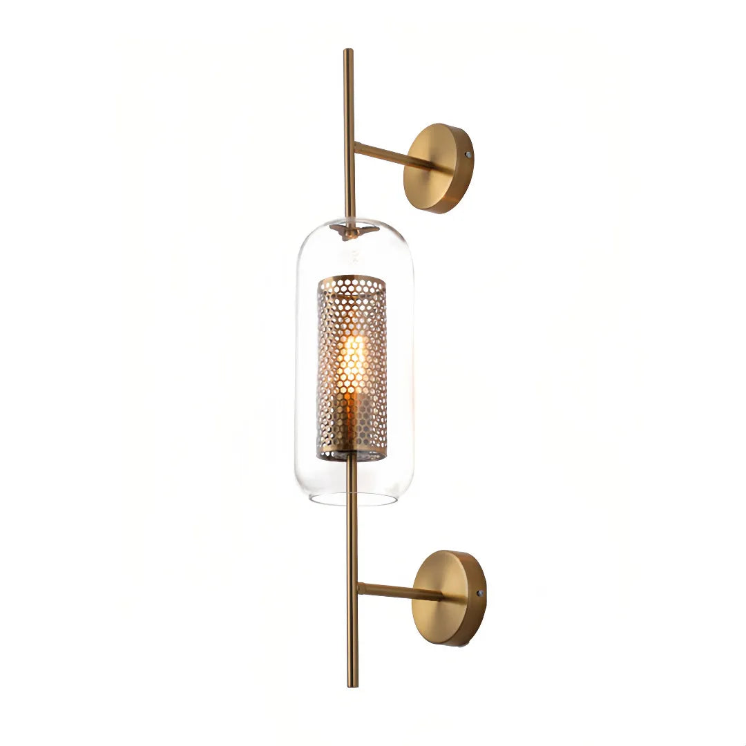 Goldfarbene Industrial-Wandleuchte aus Metall und Glas