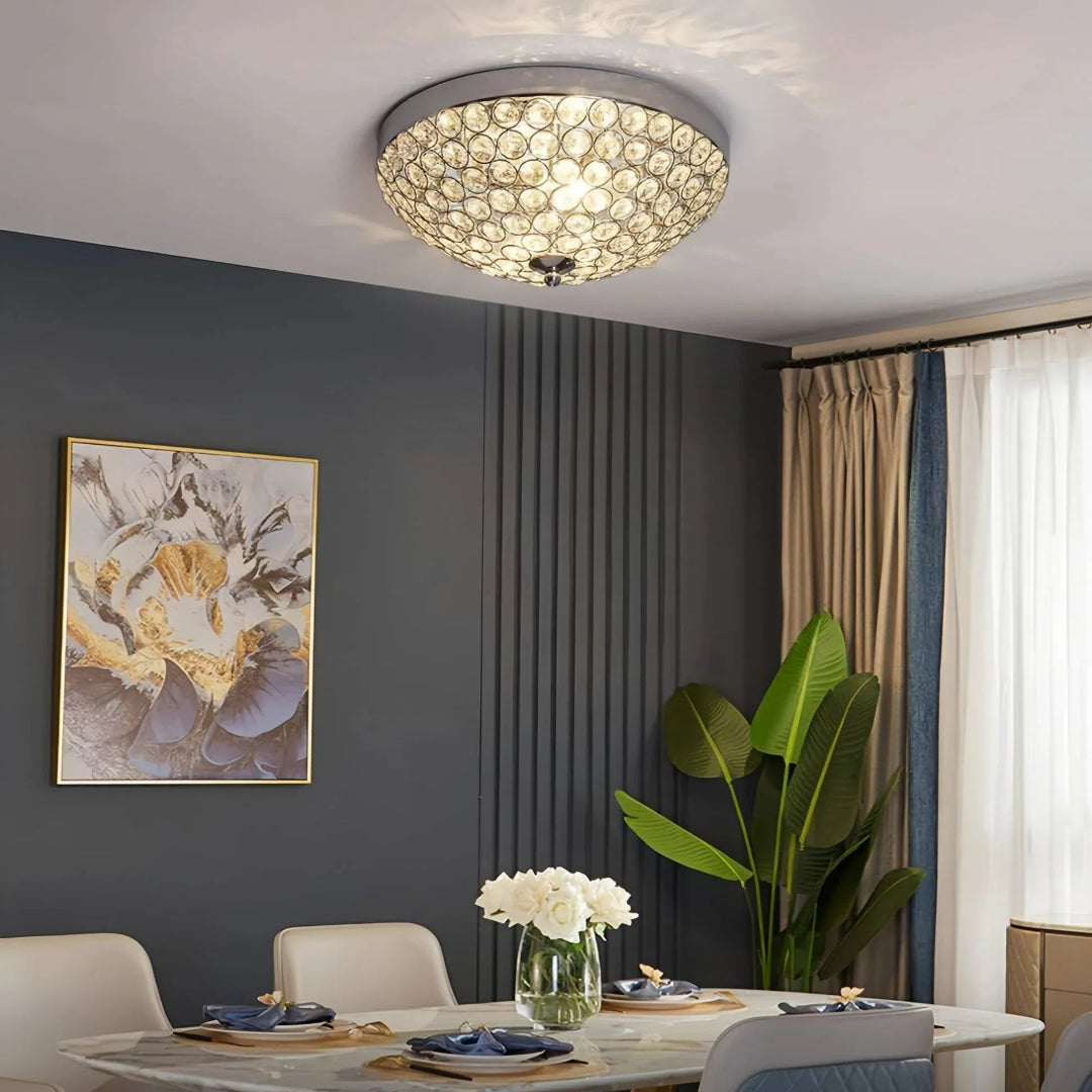 Runde Deckenlampe mit Kristallschirm in Chrom