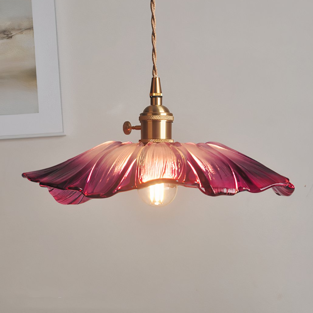 Vintage Hängeleuchte Blume aus rosafarbenem Glas für Esszimmer
