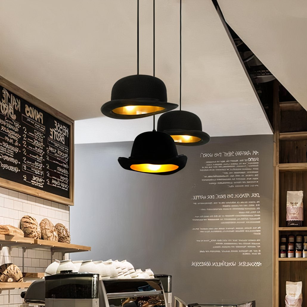 Moderne schwarze LED Pendelleuchte im Hut Design aus Metall für Esszimmer
