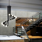 Schwarzer Metall Kronleuchter im Industriestil für Esszimmer mit sichtbaren Glühbirnen
